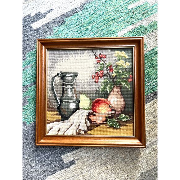 Framed needlepoint tapestry depicting a still-life scene. - Picture 1 of 6